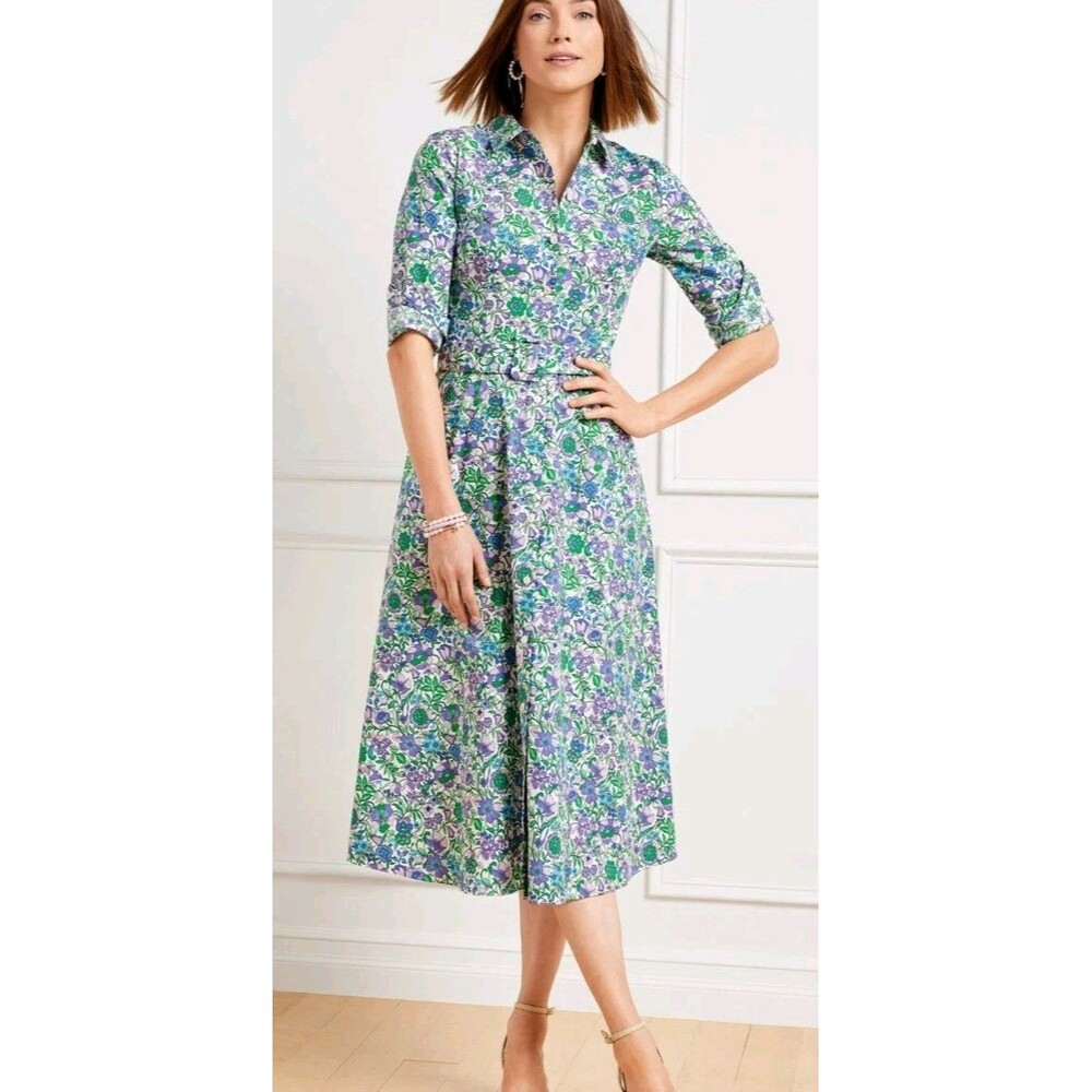 Talbots Plus Petite Fit & Flare Poplin ShirtDress Pockets 18WP Belt Floral New